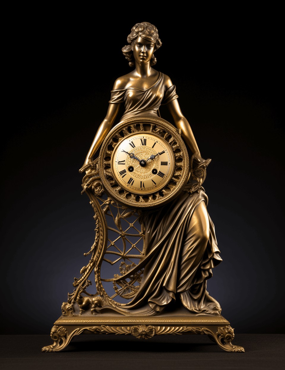 une horloge en or avec une femme sur elle dans le style