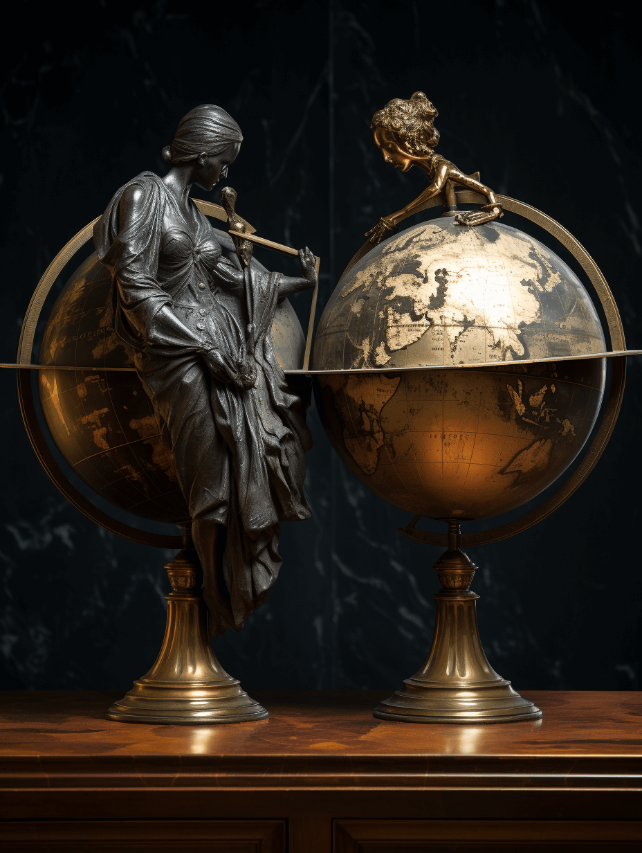 un groupe de deux vieux globes du monde sur un miroir