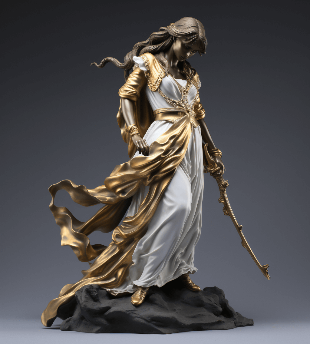 une statue d’une femme tenant une épée dans le style