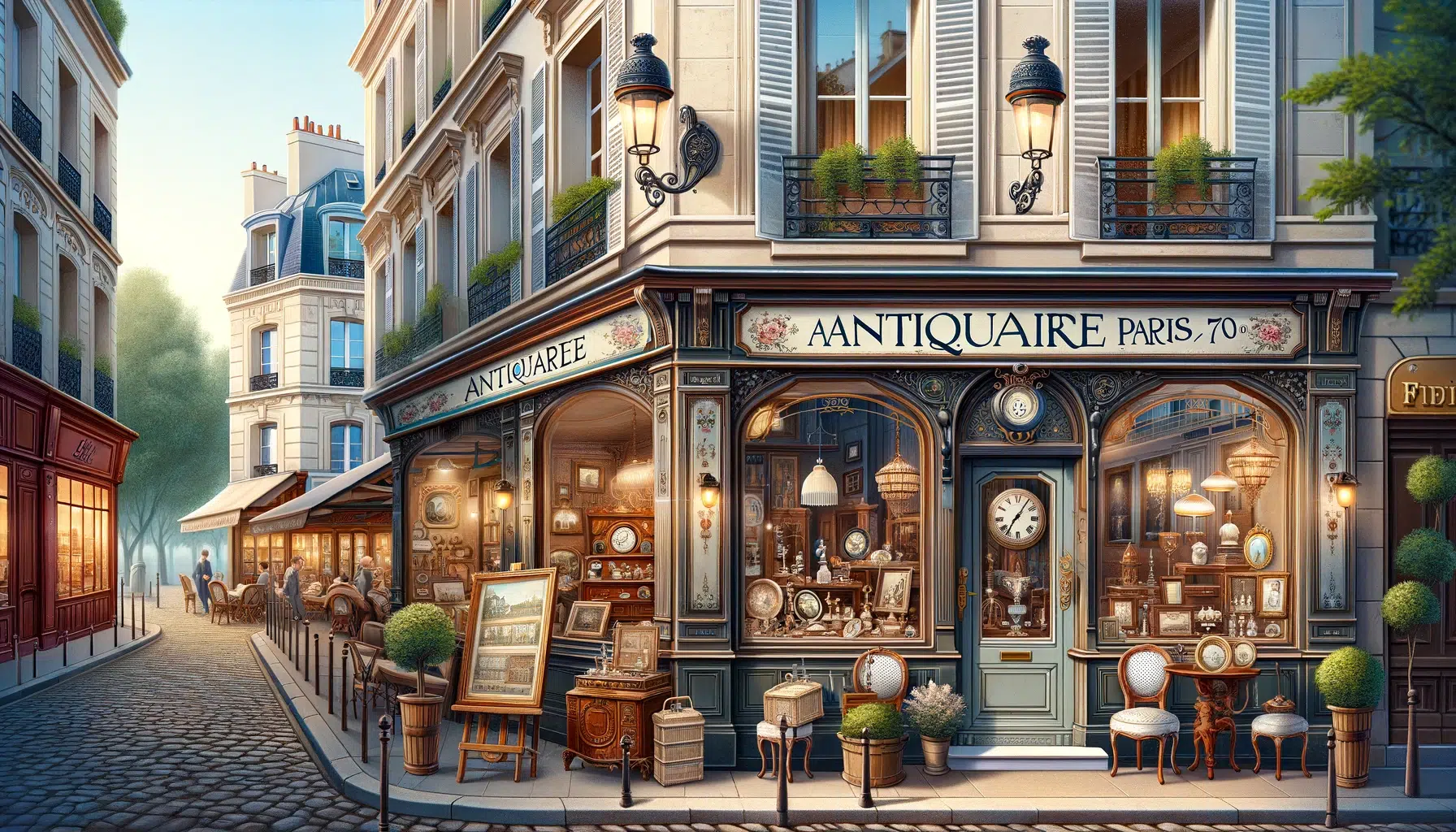 Une charmante scène illustrant une boutique d’antiquités à Paris située dans le 75009 arrondissement. La boutique dispose d’une élégante devanture avec un vintage