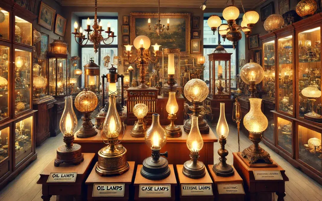 variété de lampes anciennes de différentes époques exposées dans un élégant magasin d’antiquités. La boutique dispose d’étagères en bois et vitrines en verre rempli w