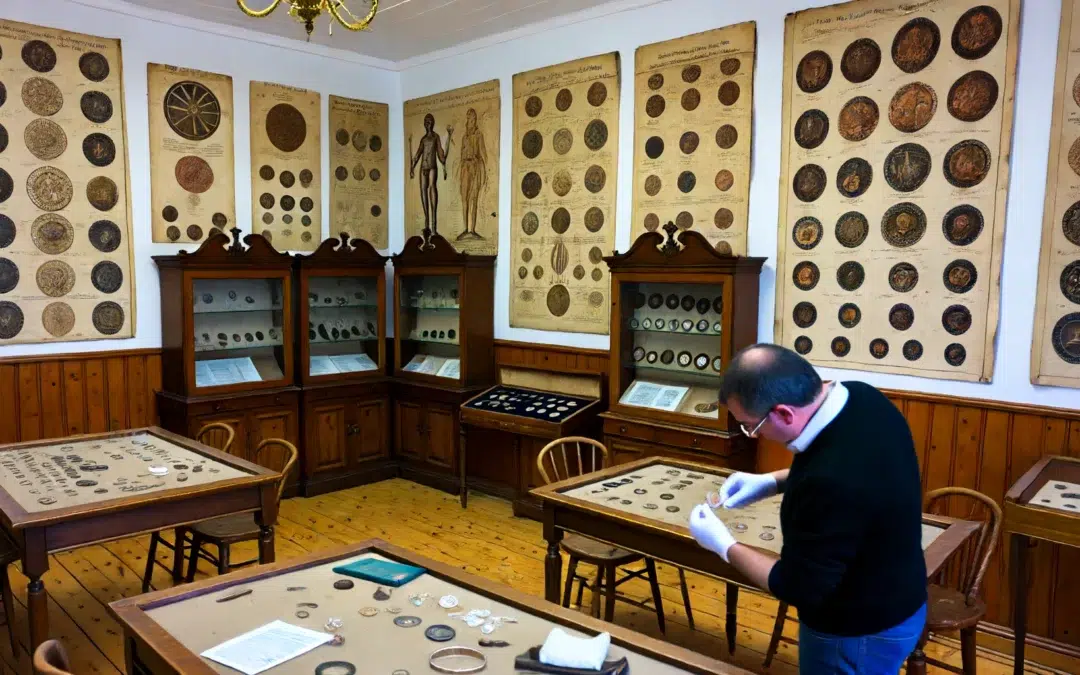 salle historique dédiée à la restauration et à la conservation des anciennes pièces et médailles. La salle dispose d’étagères en bois et de meubles anciens,