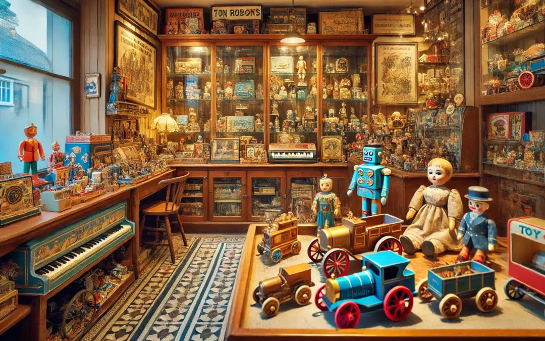 Un magasin de jouets vintage avec des étagères remplies d’une variété de jouets anciens tels que des robots en étain, des trains en bois, des poupées en porcelaine et des voitures à enroulement