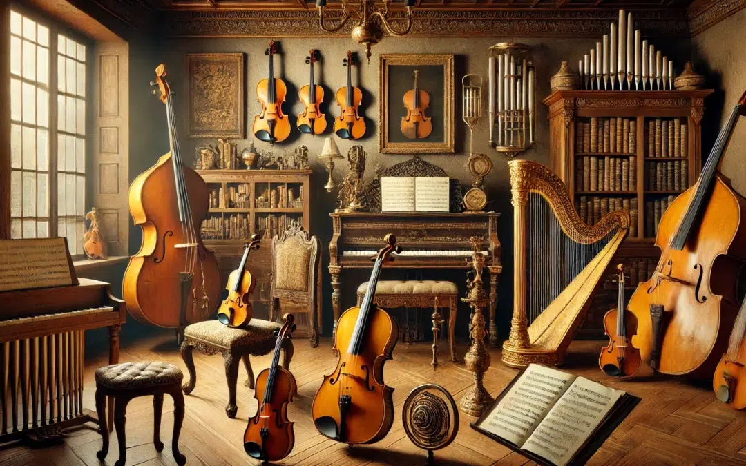 Une élégante salle de musique antique avec une collection d’instruments de musique anciens. La salle comprend des violons magnifiquement conçus, un ancien piano à queue