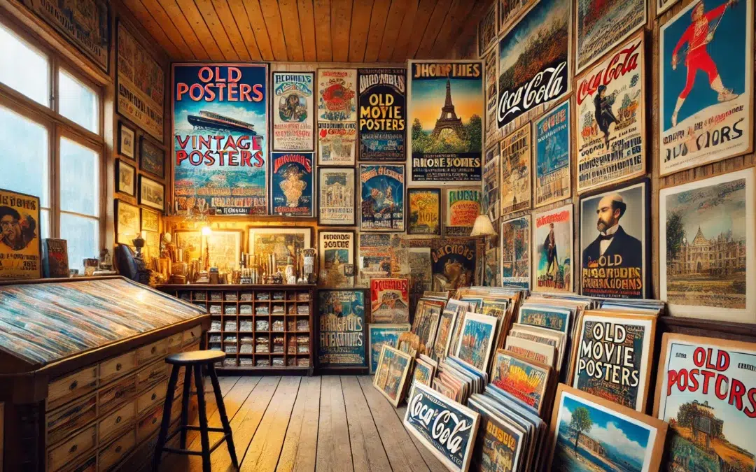 Un intérieur de magasin d’affiches vintage avec une variété de vieilles affiches soigneusement disposées sur les étagères et les murs. Les affiches comprennent des publicités de voyage, vieux movi