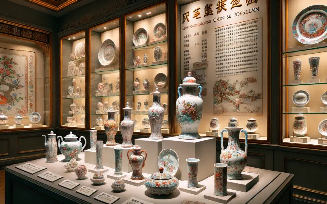 Un élégant étalage de porcelaine chinoise dans un cadre de musée. Le présentoir comprend divers objets en porcelaine tels que des vases, des assiettes et des services à thé,