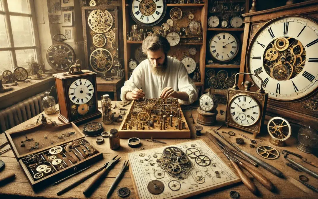 Une image détaillée d’un atelier d’horlogerie antique. La scène comprend une variété de vieilles horloges à différentes étapes de réparation, des outils répartis sur un