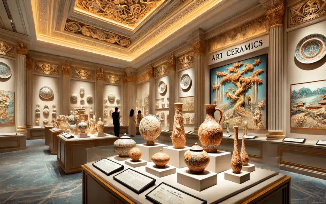 Une élégante galerie présentant une collection de céramiques d’art. Les céramiques comprennent une variété de vases, d’assiettes et de sculptures magnifiquement conçus, chacun