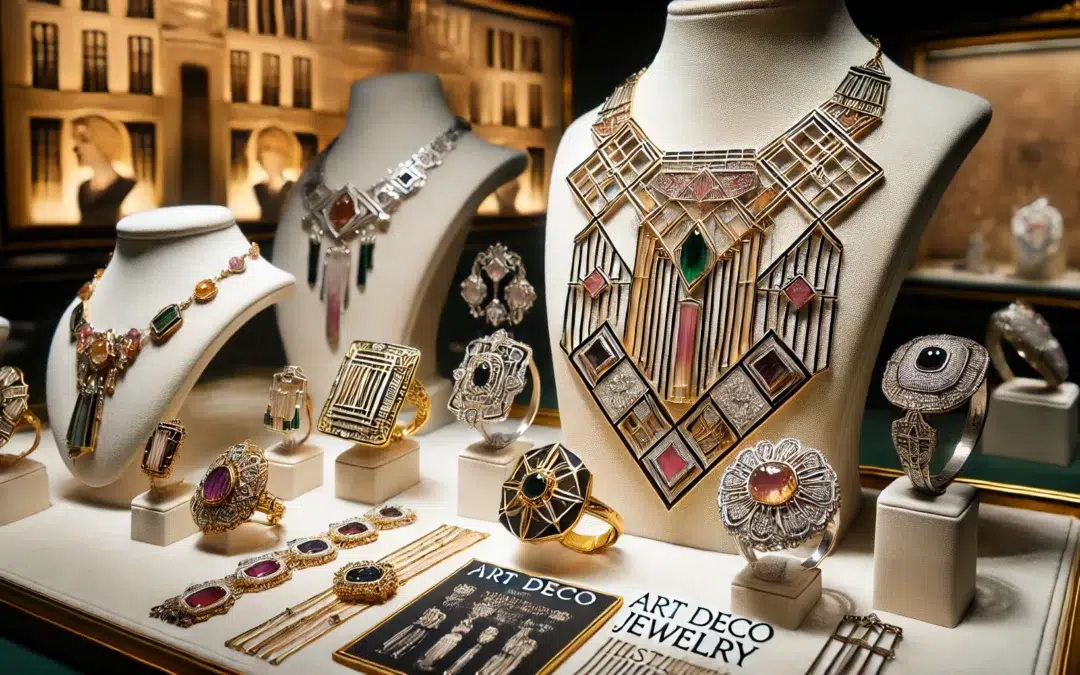 Un gros plan d’une collection de bijoux Art Déco élégamment exposés. Les pièces comprennent des colliers, des bracelets, des bagues et des broches, toutes dotées de géomètre