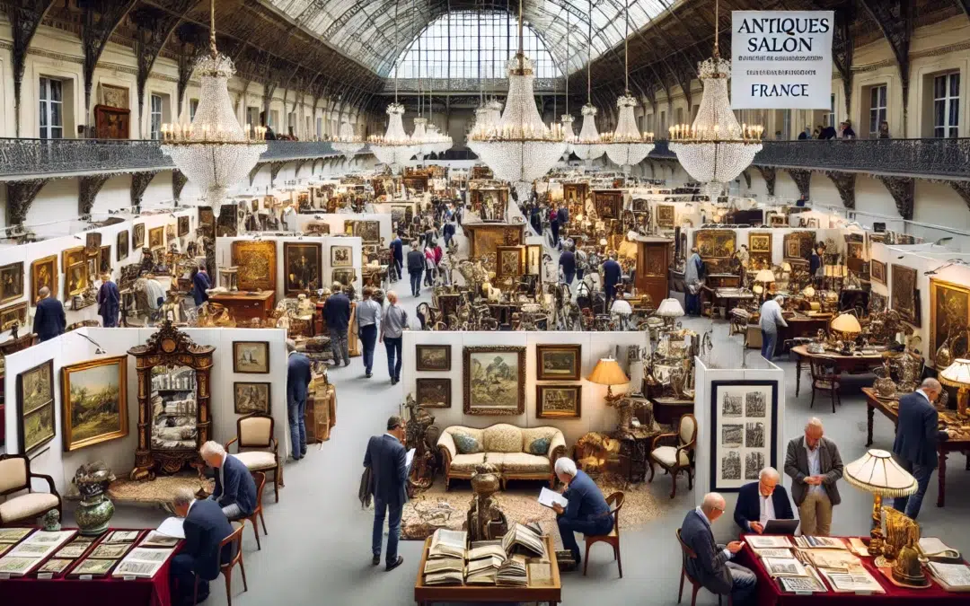 Un salon d’antiquités intérieur animé en France, rempli de stands élégants présentant une variété d’objets anciens tels que des meubles vintage, des livres rares, la classe