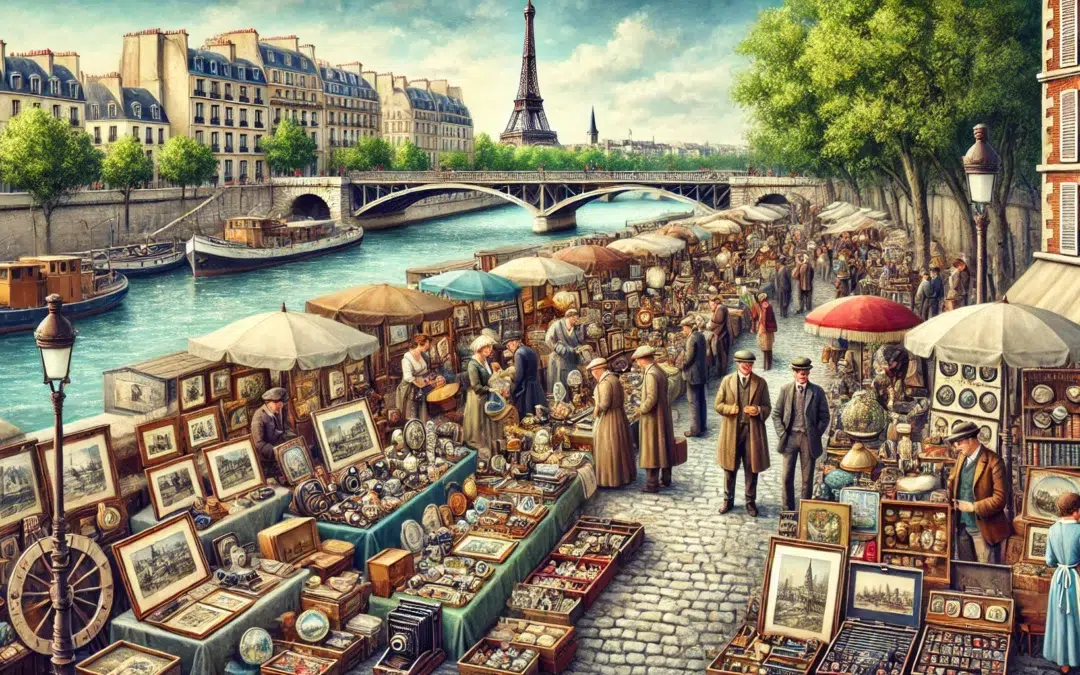 Une vue pittoresque d’un marché d’antiquités à Paris situé le long de la Seine. Divers stands présentent un éventail d’objets anciens tels que des livres anciens, vintag