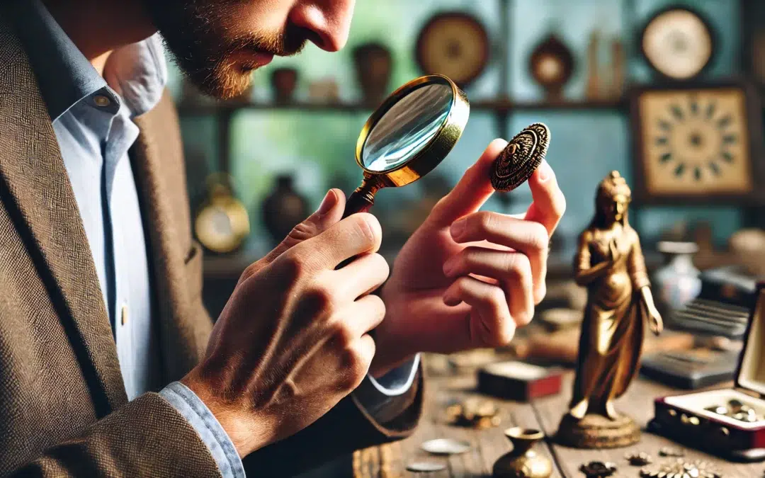 Une image rapprochée d’un expert en antiquités examinant un artefact avec une loupe. L’artefact pourrait être un vieux bijou, une petite statue, ou