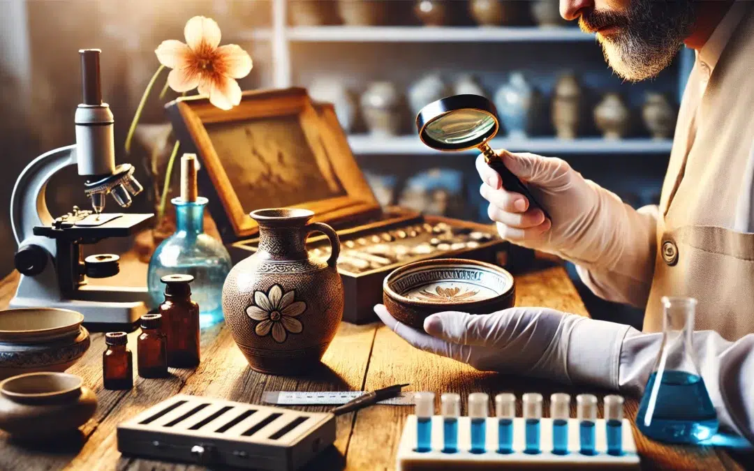 Image d’un expert qui utilise des outils pour examiner et authentifier un objet ancien, comme une poterie ou une peinture. Les outils peuvent comprendre un mag