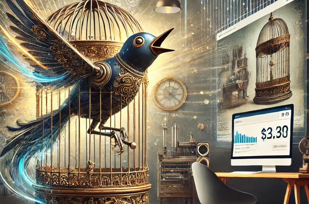 Une image dynamique et fantaisiste illustrant la vente d’un objet ancien inhabituel sur l’internet _ un oiseau géant mécanique qui chante dans un cag magnifiquement orné