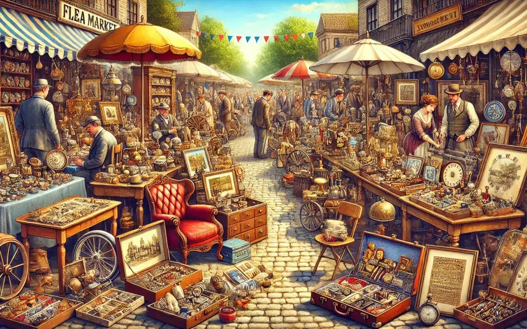 Un marché aux puces animé rempli de trésors anciens. Afficher une variété d’articles vintage tels que des meubles anciens, des livres rares, des peintures classiques