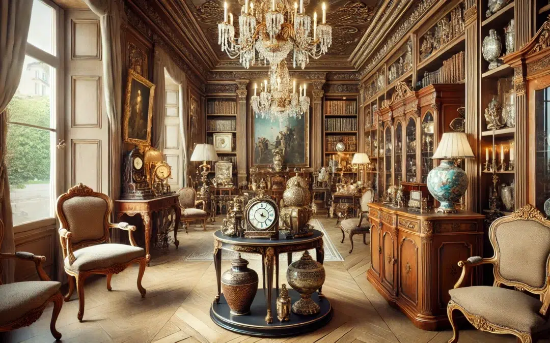 Un intérieur de boutique d’antiquités luxueux et élégant avec des meubles anciens magnifiquement disposés, des pièces d’art et des objets décoratifs. La boutique devrait avoir un cl