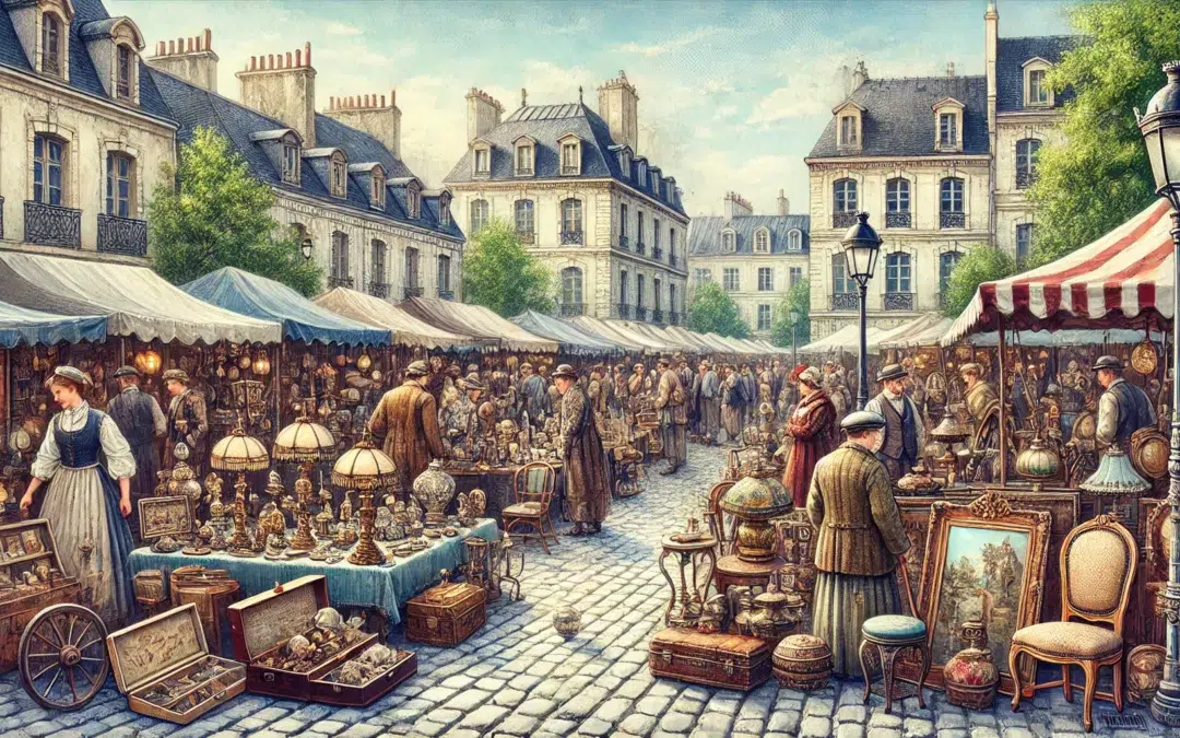 Un marché d’antiquités européen pittoresque, animé par l’activité. Stands remplis de diverses antiquités, telles que des meubles vintage, des lampes ornées, et