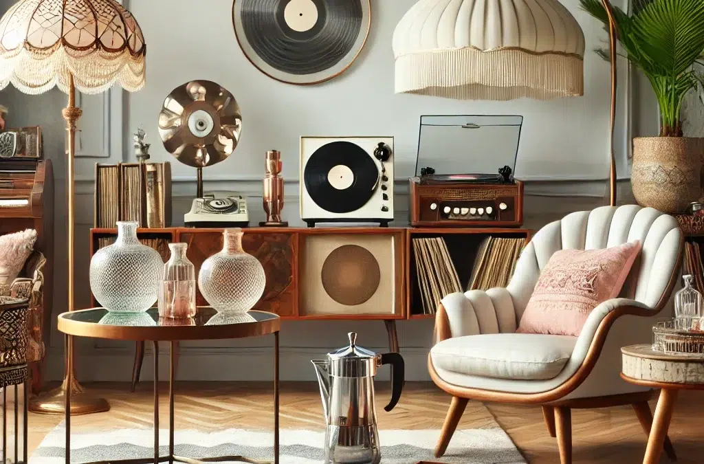 Un assortiment élégant d’articles vintage à la mode, y compris des meubles rétro, des lampes anciennes et des disques vinyles, élégamment disposés dans un intérieur moderne.