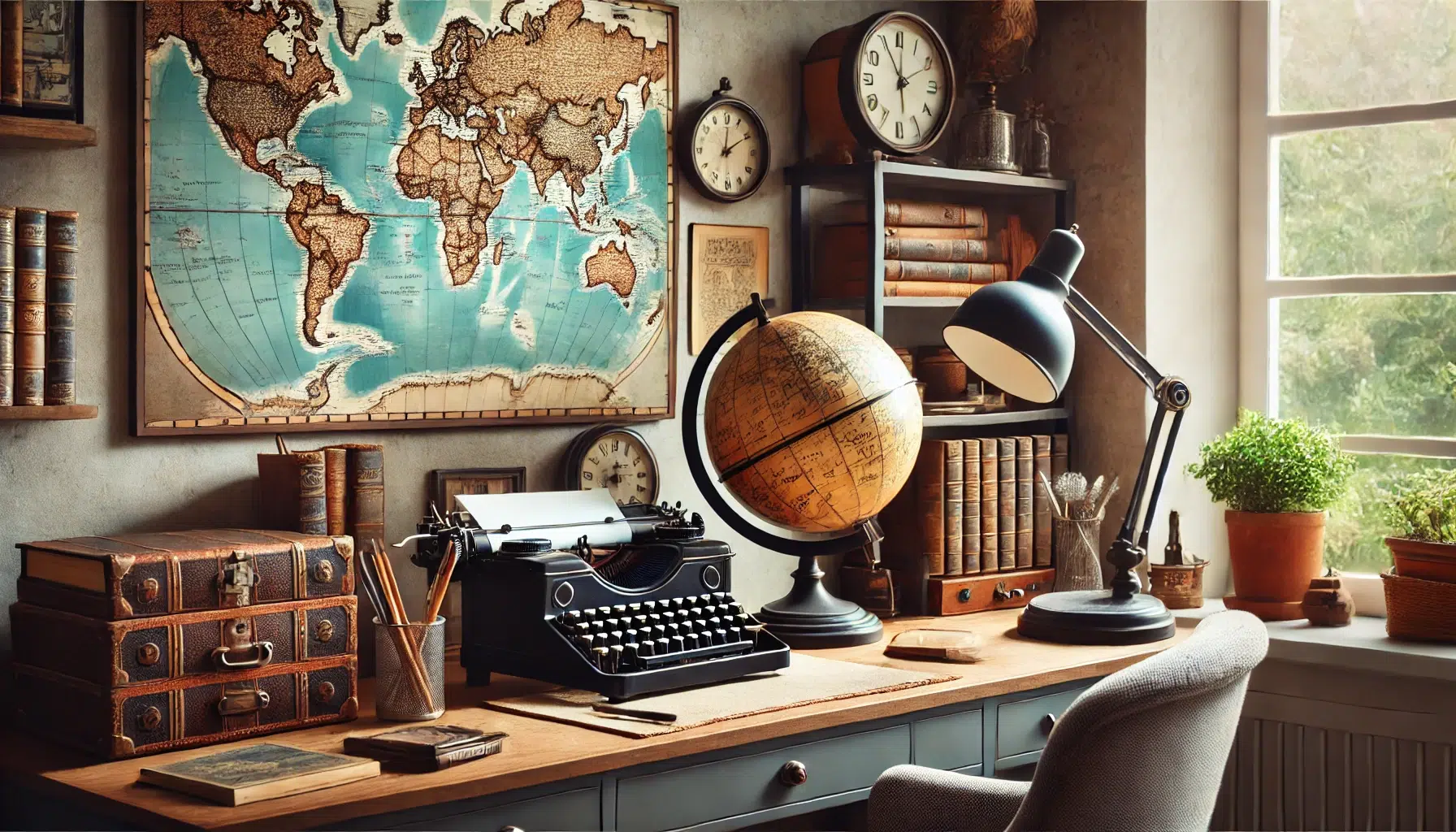 Un bureau à domicile avec des objets anciens mélangés dans l’espace de travail. Les articles comprennent une machine à écrire antique sur le bureau, un vieux globe sur une étagère, vintage