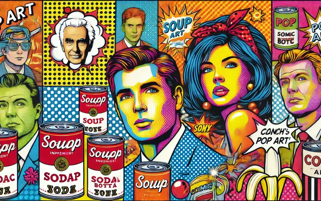 Une image vibrante inspirée du mouvement Pop Art. La composition doit inclure des couleurs vives et audacieuses, des portraits stylisés de figures célèbres, et tout