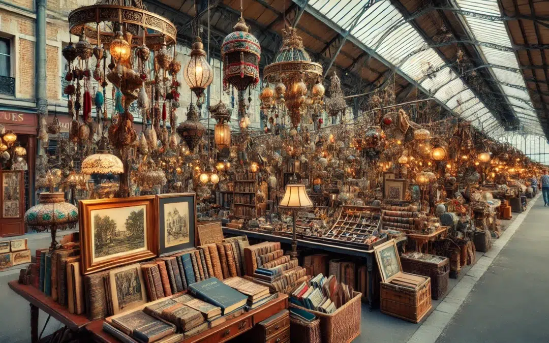 Les stands du marché aux puces de Vanves à Paris, exposant des décorations antiques, des livres et des vêtements vintage