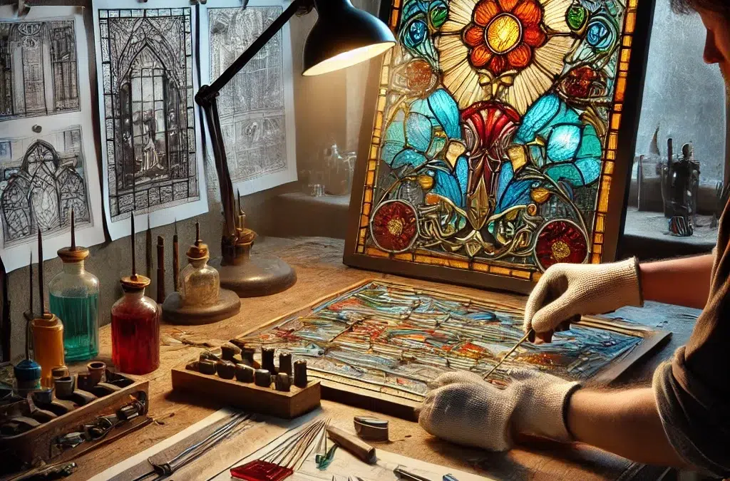 Une image montrant le processus de création d’art en verre teinté. La scène devrait représenter un atelier d’artisan, avec des outils comme des couteaux à verre, du plomb est venu