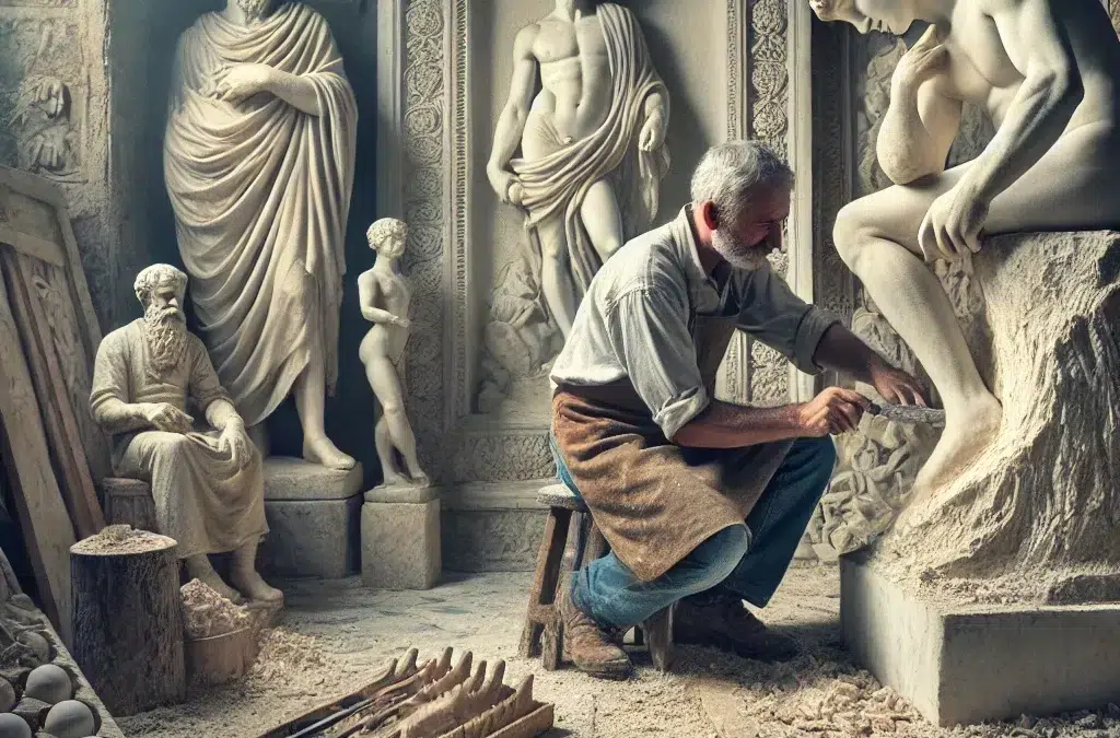 Une image illustrant l’art de la sculpture sur marbre, mettant en scène un maître sculpteur à l’œuvre. La scène doit représenter un atelier traditionnel