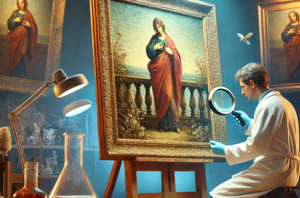 Une image illustrant le processus d’identification des toiles. La scène doit montrer un conservateur examinant une peinture à l’huile classique