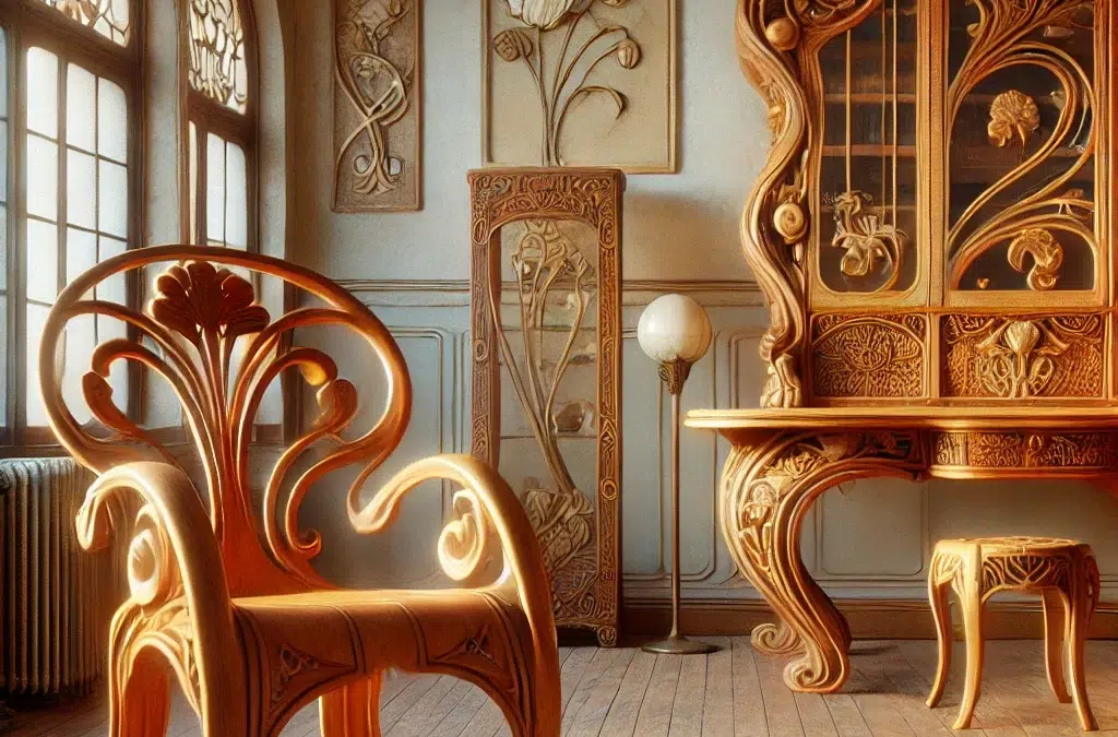 Une image illustrant les caractéristiques du mobilier Art nouveau. La scène doit représenter une pièce magnifiquement conçue présentant l’emblématique Art nouveau