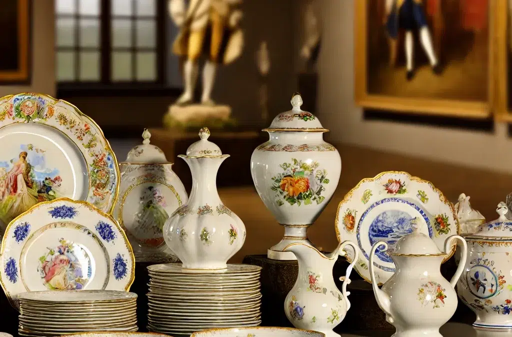 Une image illustrant l’histoire de la porcelaine européenne. La scène doit représenter un ensemble de belles pièces européennes en porcelaine