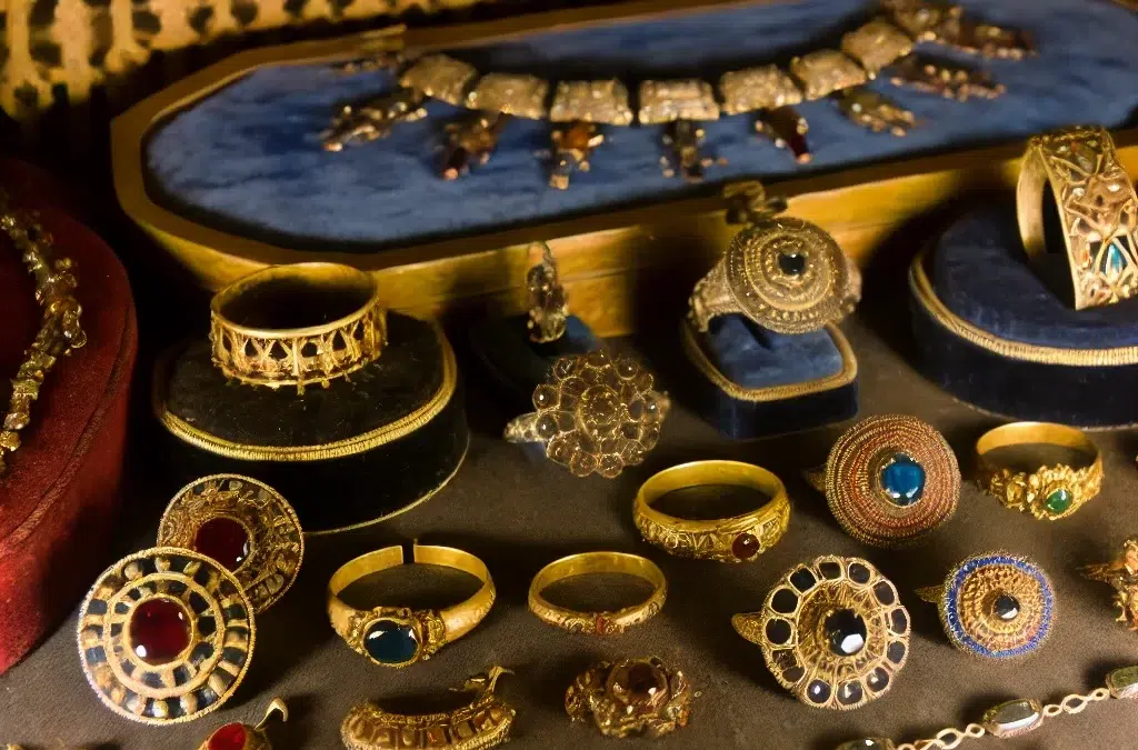 Une image représentant une collection de bijoux anciens, représentant différentes périodes et styles historiques. La scène devrait inclure une variété de bijoux