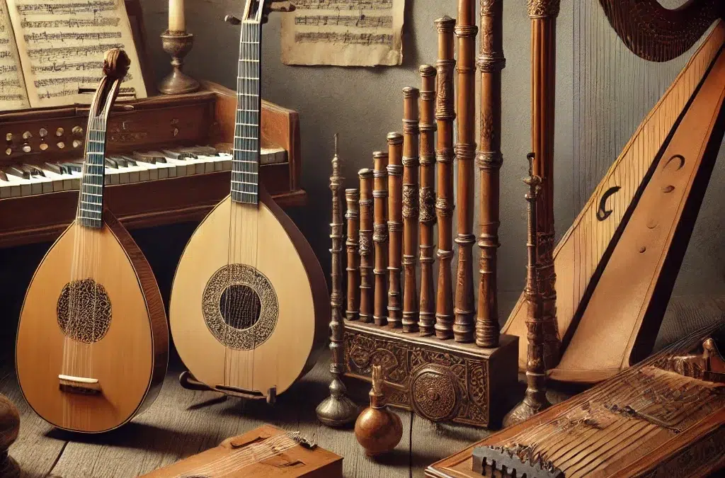 Une image représentant un ensemble d’instruments de musique anciens provenant de diverses cultures et périodes historiques. La scène devrait inclure des instruments tels que