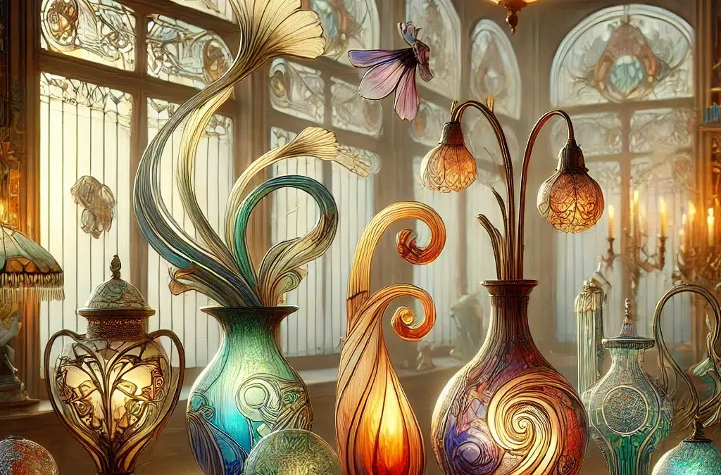 Une image illustrant les objets en verre de l’Art nouveau, mettant en valeur les dessins complexes et le savoir-faire de ce style. La scène doit représenter une collection