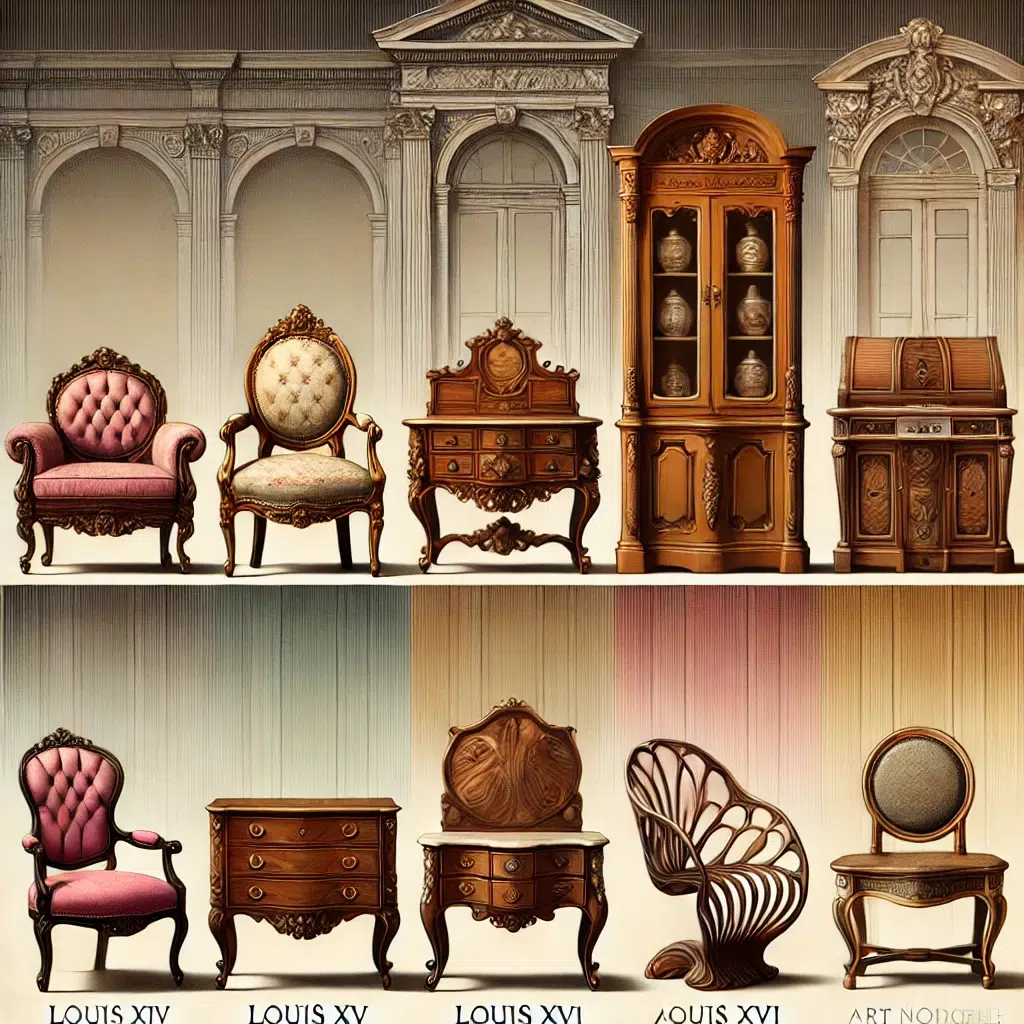 Une image illustrant l’évolution des styles de mobilier français au fil des siècles, représentée dans un format chronologique. L’image doit présenter les pièces clés