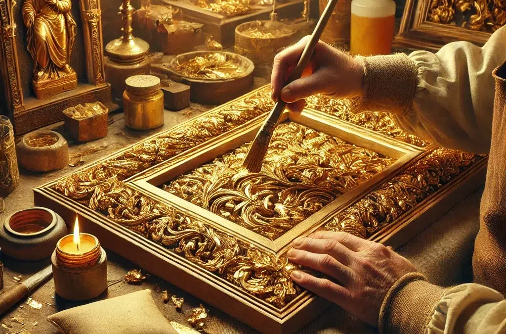 Une image illustrant les techniques traditionnelles de dorure sur bois. La scène doit représenter un artisan appliquant soigneusement de la feuille d’or à un woode sculpté