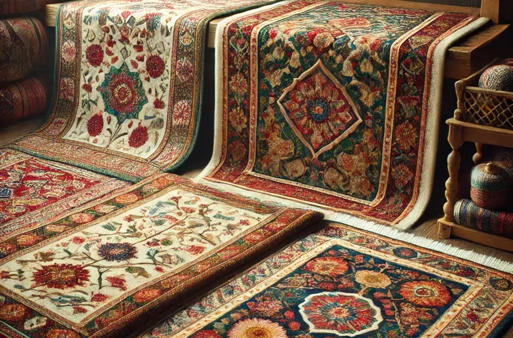 Une image illustrant la riche histoire et l’importance culturelle des tapis orientaux, en mettant particulièrement l’accent sur les styles persan, turc et caucasien.