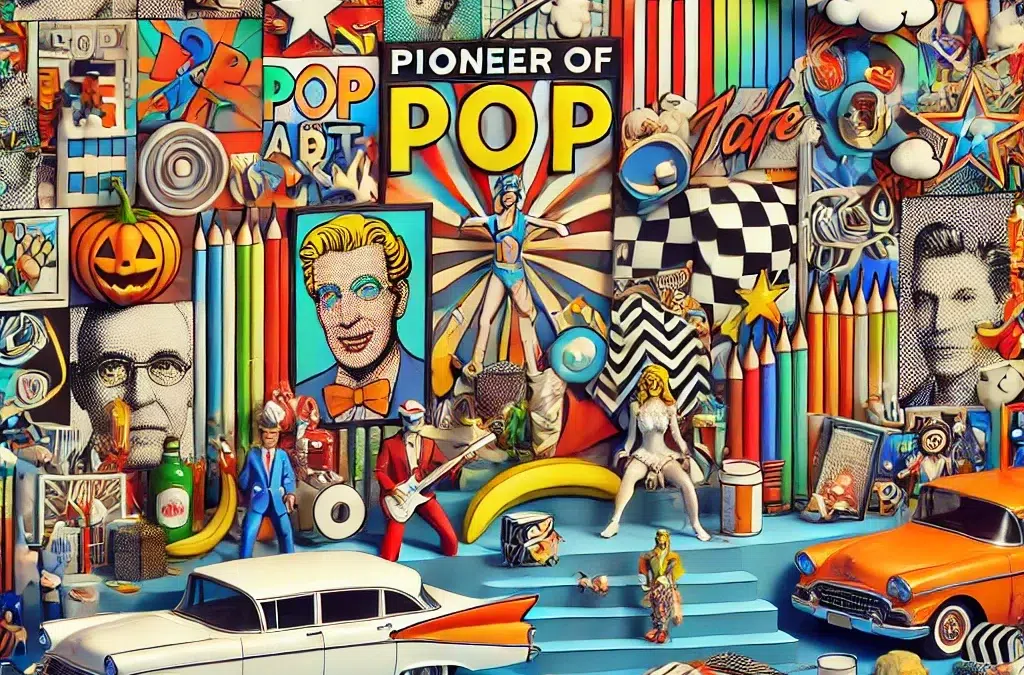 Une image inspirée du thème 'Pionnier du Pop Art', mettant en valeur un collage vibrant et ludique d’éléments emblématiques de la culture pop.