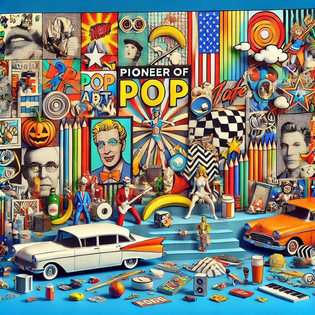 Une image inspirée du thème 'Pionnier du Pop Art', mettant en valeur un collage vibrant et ludique d’éléments emblématiques de la culture pop.