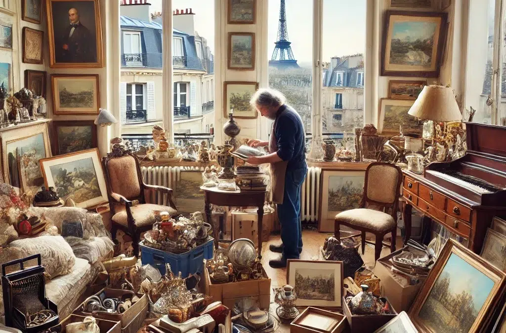 Une scène animée d’un appartement parisien vidé lors d’une dépuration, avec un brocanteur évaluant soigneusement divers objets anciens, tels que le vin