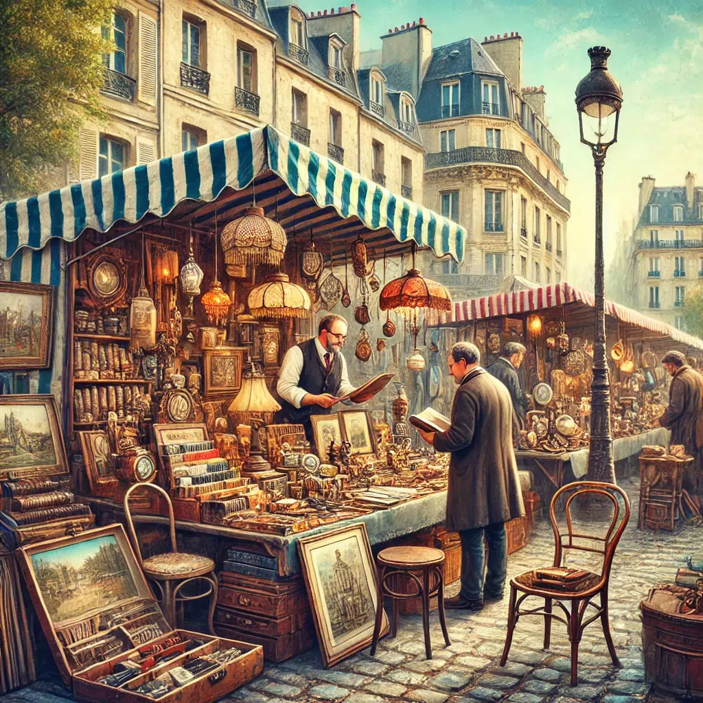 Une scène de marché aux puces en plein air à Paris, avec un brocanteur vendant une grande variété d’objets anciens. Les étals du marché sont remplis de meubles vintage,